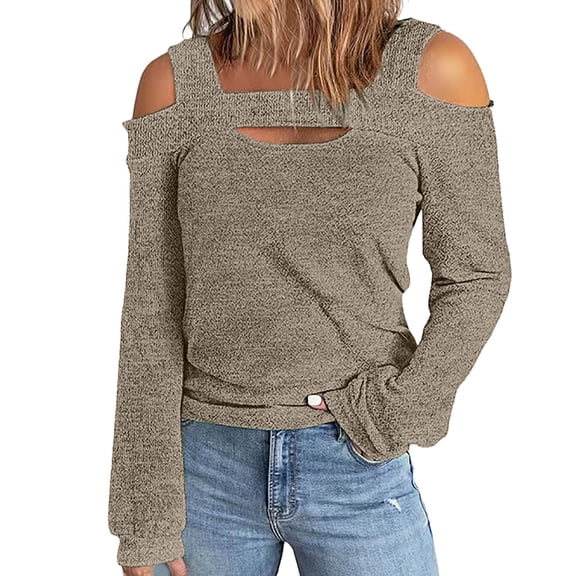 Womens Cold Shoulder Tops Cut Out Neck Long Sleeve Shirts Off Shoulder Knitted Tunic Casual Dressy Sexy Blouse Dressy Lightweight Comfy Outfits Going Out Tops Ladies Fashion Trendy