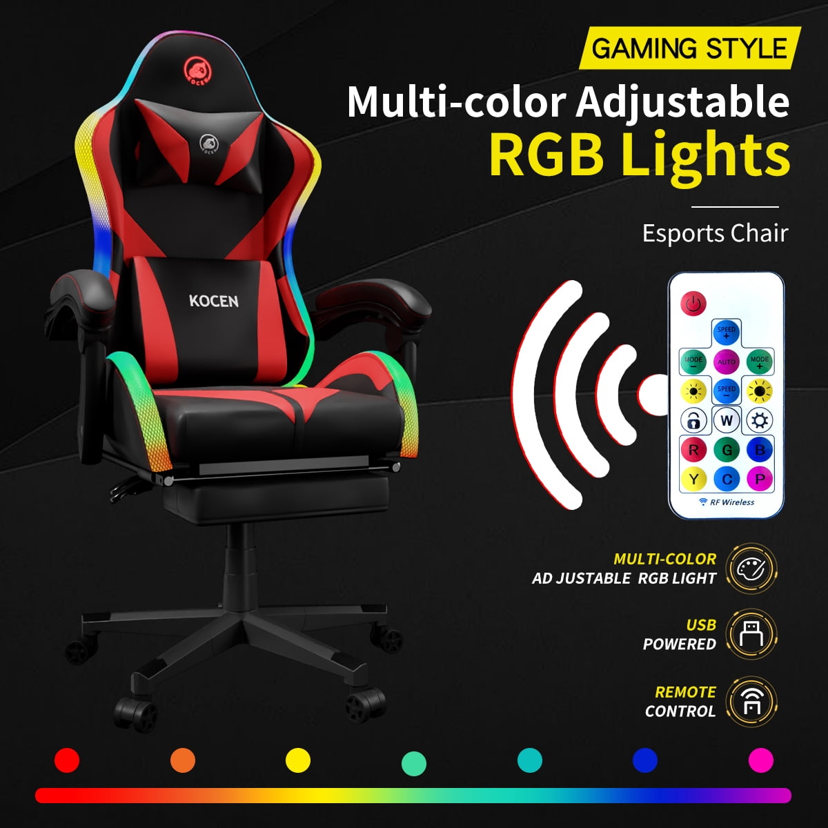 KOCEN Tall and large adult Gaming Chair , Racing Style RGB LED Light Adult Gaming Chairs, Equipped With Lumbar Massager, High Back Adjustable Recliner, With Footrest AndHeadrest.