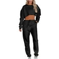 thumbnail image 1 of IROINNID Survêtement pour Femmes Ensemble 2 Pcs Col Rond Couleur Unie Pull Court à Manches Longues Décontracté avec Cordon de Serrage, Noir, 1 of 9