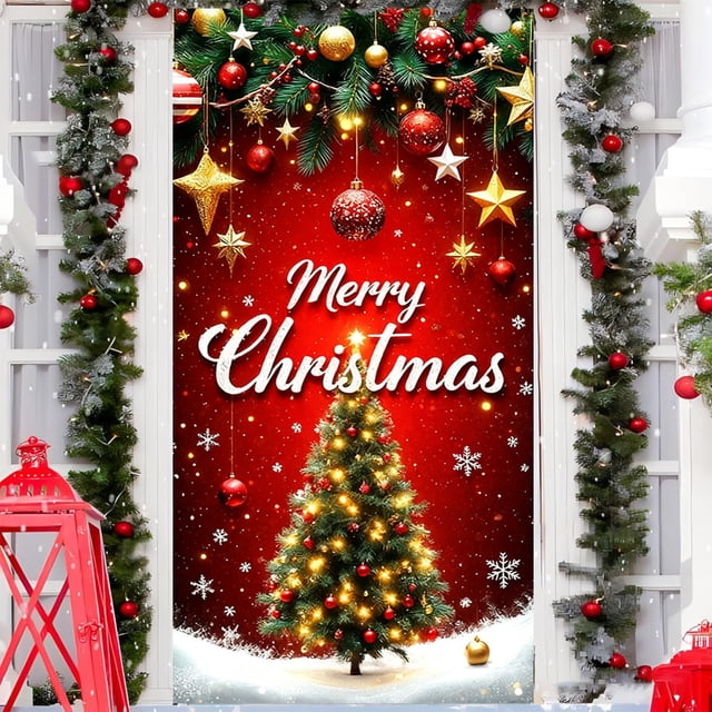 Cubrepuertas Navideño con Diseño de Papá Noel - 89 X 180 Cm - Decoración Festiva | Tela de Poliéster Resistente - Fácil de Instalar - Apto para Puertas Estándar