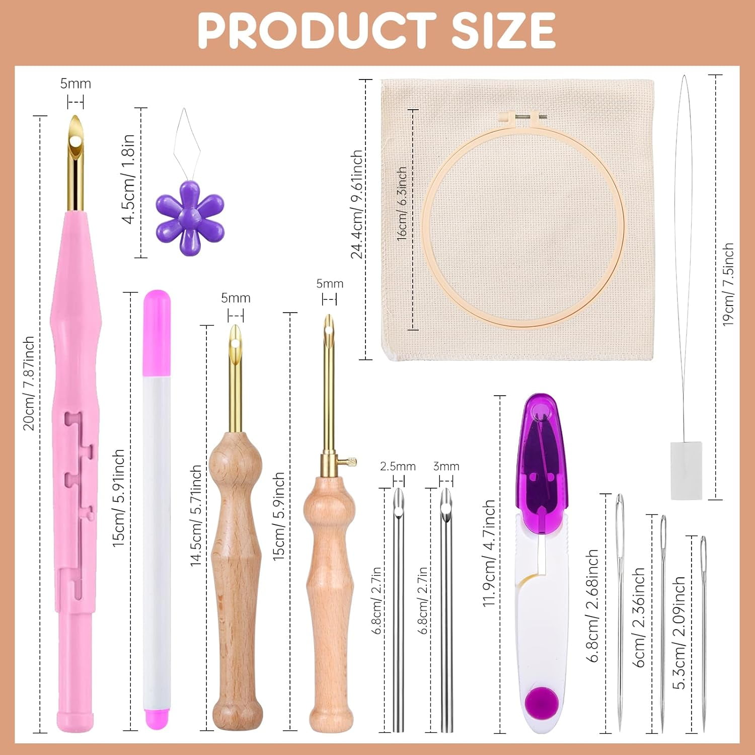 Punch Needle Embroidery Kit - Adjustable Tool, Wooden Handle Pen, Hoops, Cloth, Big Eye Needles, Threaders (Pink)