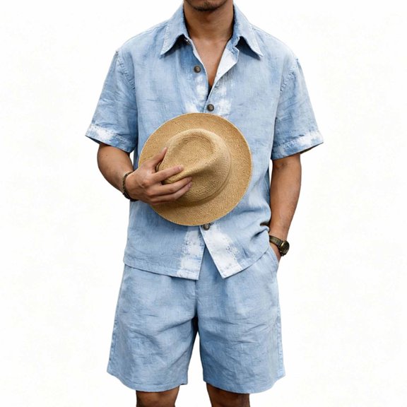 LEKWK Men Linen Sets Outfits 2 Piece Printed Button Down Short Sleeve Collared Tops and Elastic Waist Shorts Loose Summer Beach Vacation Casual Resort Wear