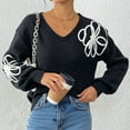 thumbnail image 3 of Women's Print Floral Embroidered Knit Sweater V Neck Long Sleeve Loose Fit Pullover Sweater Casual Basic Tops, 3 of 7