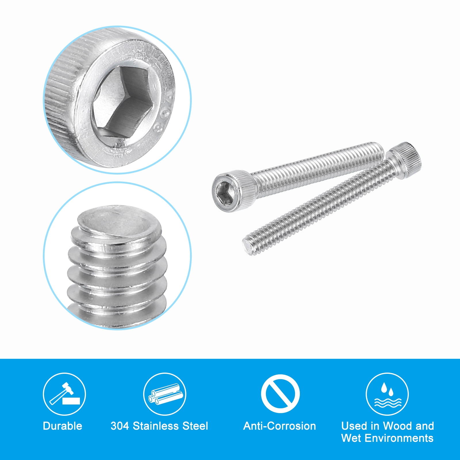 Uxcell 1/4-20 x 2" Hex Socket Cap Head Screw Bolt, 30Pcs 304 Stainless Steel 18-8, Machine Full Thread