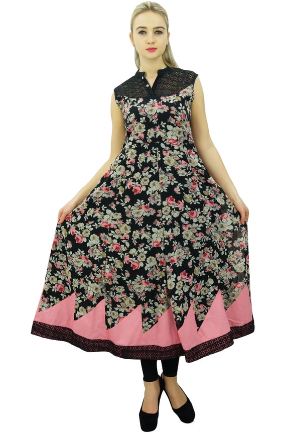 Womens Designer Black Anarkali Kurta Floral Style Kurti Indian Dress-24