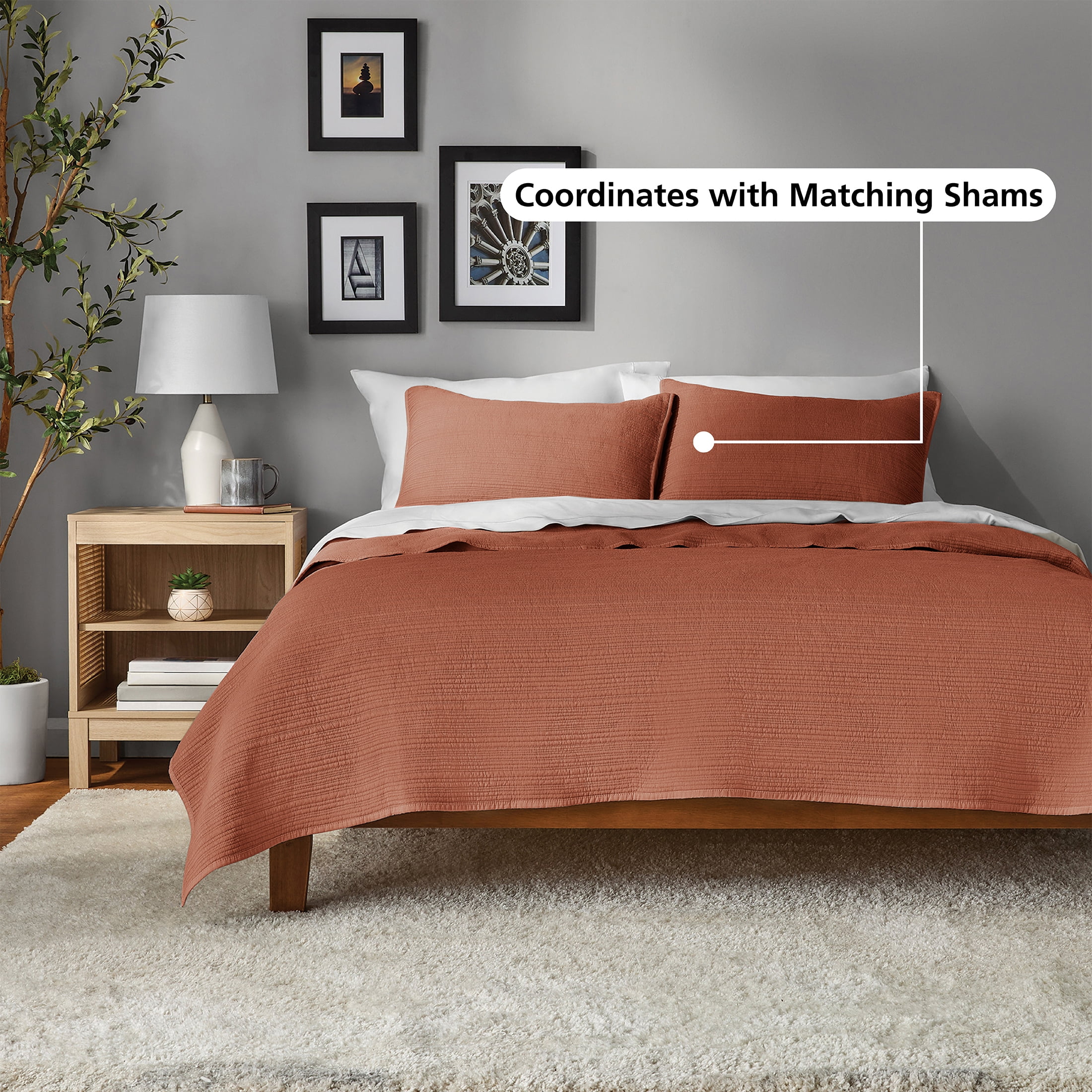 Mainstays Garment Washed Stripe Quilt, King, Terracotta Orange, Soft Microfiber Bedding