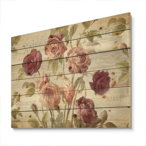 Designart 'French Red Roses I' Farmhouse Print on Natural Pine Wood