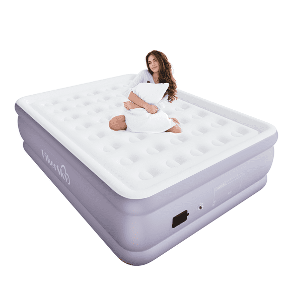 22" Luxury Queen Air Mattress with Built-In Battery Pump,Heavy-Duty Waterproof Veltex Surface for Indoor/Outdoor Use,Portable Inflatable Camping Bed & Guest Bed(Lavender Purple)