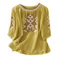 thumbnail image 2 of Tittly Womens Linen Shirt Camisas De Lino Para Mujer Linen Button Up Shirts for Women Tops For Women Floral Cotton Linen 3/4 Sleeve V Neck Button Boho Ethnic Yellow, 2 of 9