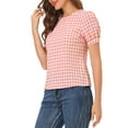 thumbnail image 4 of INSPIRE CHIC Women's Vintage Gingham Tops Puff Short Sleeve Crew Neck Casual Shirt Blouse XS Watermelon Pink, 4 of 8