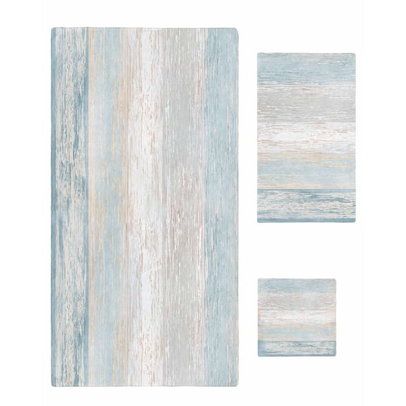 Blue Beige Farmhouse Towel Set of 3, Soft Microfiber Bath Towels, Hand Towel, Washcloths, Vintage Wooden Striped Quick-Dry Absorbent Towels for Bathroom Kitchen Hotel Beach Gym Spa