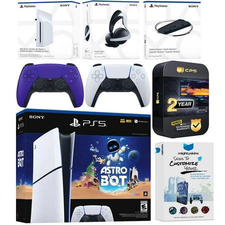 Sony PlayStation 5 Astro Bot Slim Digital Bundle with Disc Drive, Pulse Elite Headset, Extra Controller, Vertical Stand, MightySkins Voucher and 2 Year Extended Warranty - Galactic Purple