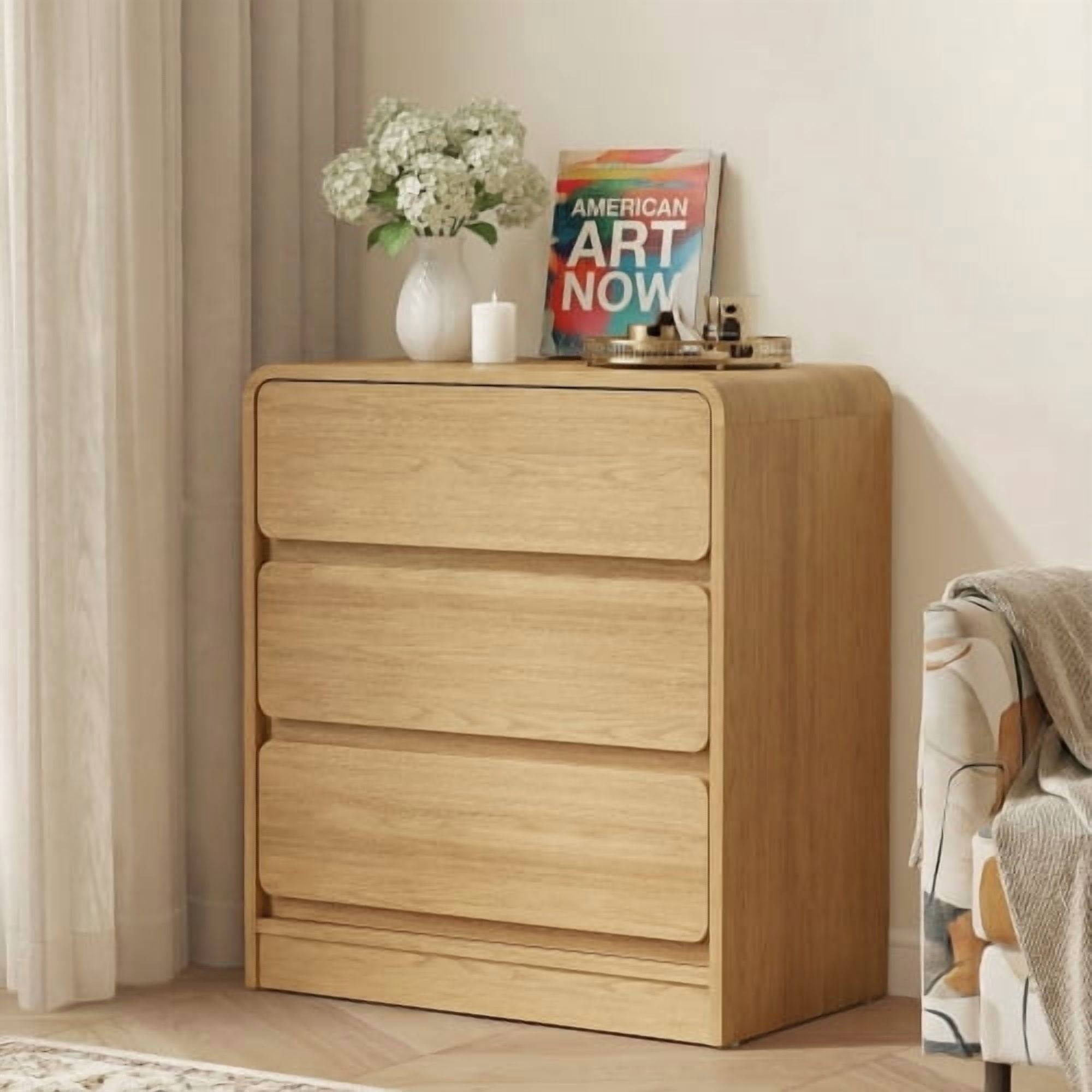 Wood 3-Drawer Nightstand Set of 2, Modern Multi-Purpose Side Table with Anti-Tip Kit, Natural