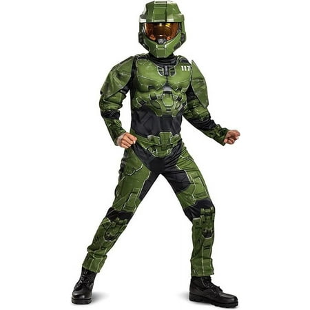 Halo Infinite Master Chief Costume, Kids Size Muscle Padded Video Game Jumpsuit S 4-6