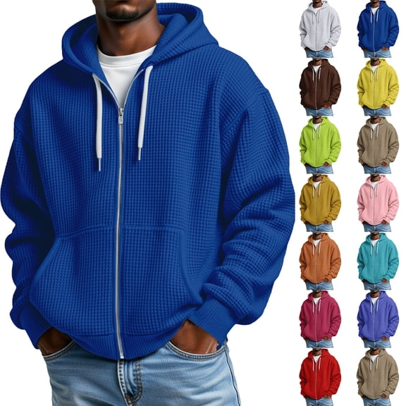 jiaxiM Waffle Knit Hoodies for Men Full Zip Sweatshirt Hooded with Pocket Loose Fit Drawstring Athletic Jackets