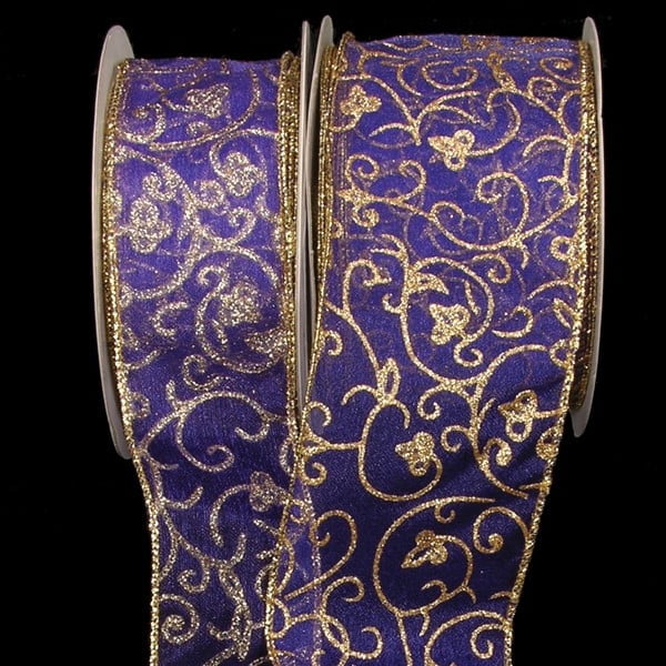 The Ribbon People Sheer Purple and Gold Swirling Floral Wired Craft Ribbon 2" x 40 Yards