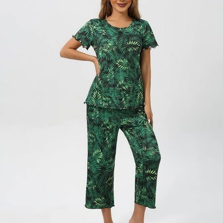 Riecok Womens Nightwear long Sleeve Crew Neck Comfywear Pockets Sexy Sleep Set Pajamas Spring Loose Casual PJ Set Home Party Cozy Drawstring Trendy Outfits Nightwear Two Piece Green L
