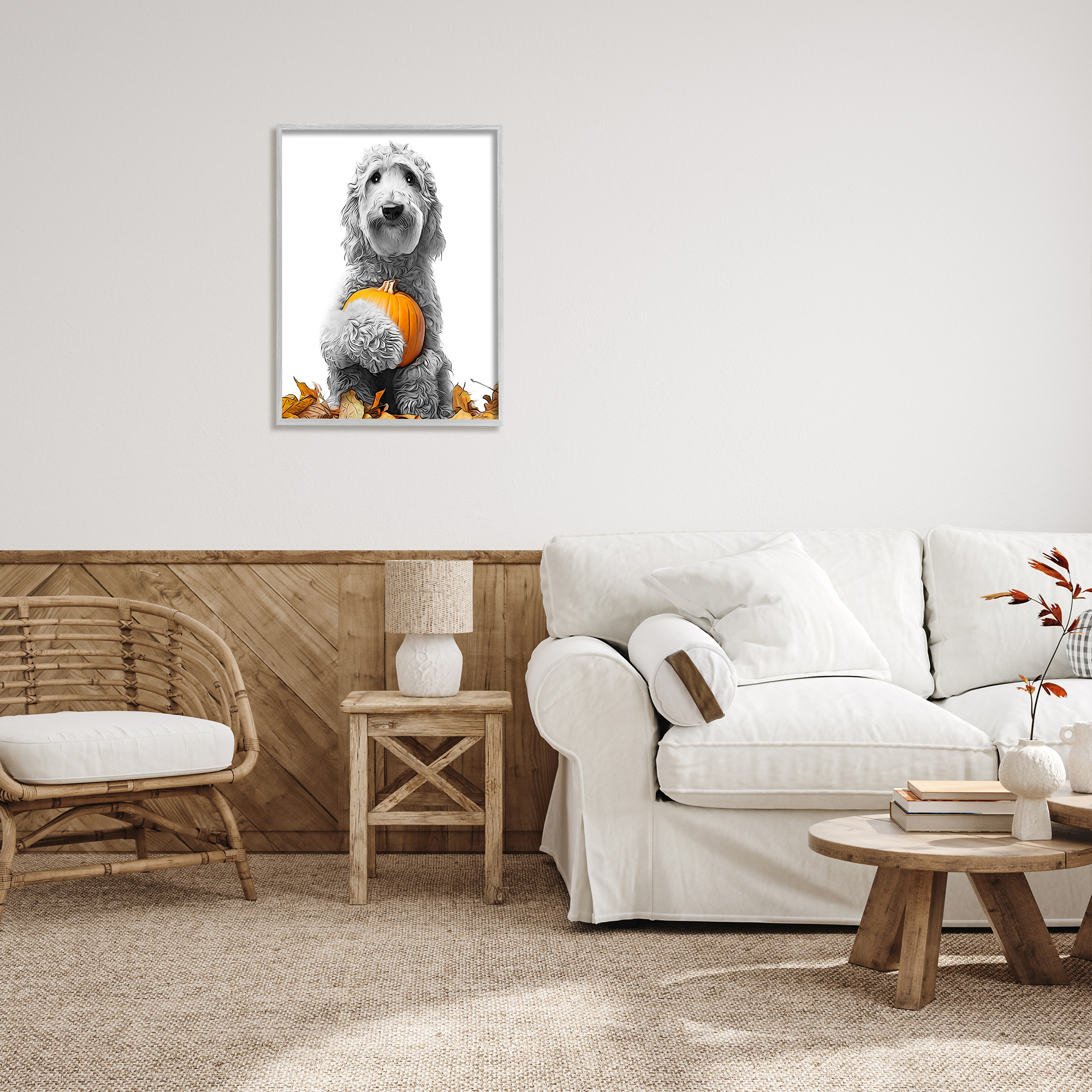 Stupell Industries Dog & Autumn Leaves Holiday Painting Gray Framed Art Print Wall Art, 24 x 30