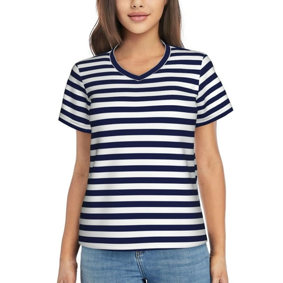 Xecao Navy Blue And White Stripes for Women's V-Neck T-Shirts-Elegant Half-Sleeve Tops Perfect for Summer-Small
