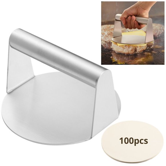 Stainless Steel Burger Smasher, 5.5-inch Burger Press with 100 PCS Silicon Paper, Hamburger Smash Press Tool for Flat Top Grills, Grill Plates, Cast Iron Frying Pans