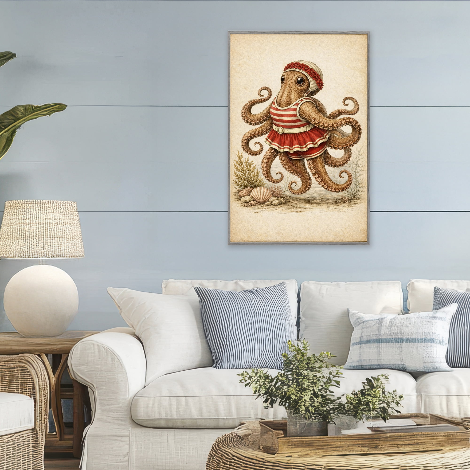 Stupell Industries Octopus of Maritime Bathing Society Gray Framed Giclee Art, design by Grotto Studios