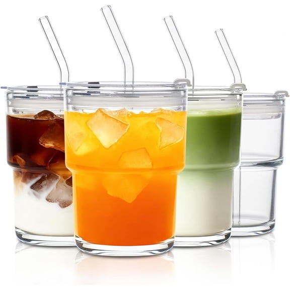 15oz Glass Tumbler with Lid and Glass Straw Set of 4 – Thick-Walled Iced Coffee Cup, Reusable Clear Glass Cup for Water, Iced Tea, Coffee, Juice, Perfect for On-the-Go & Daily Use