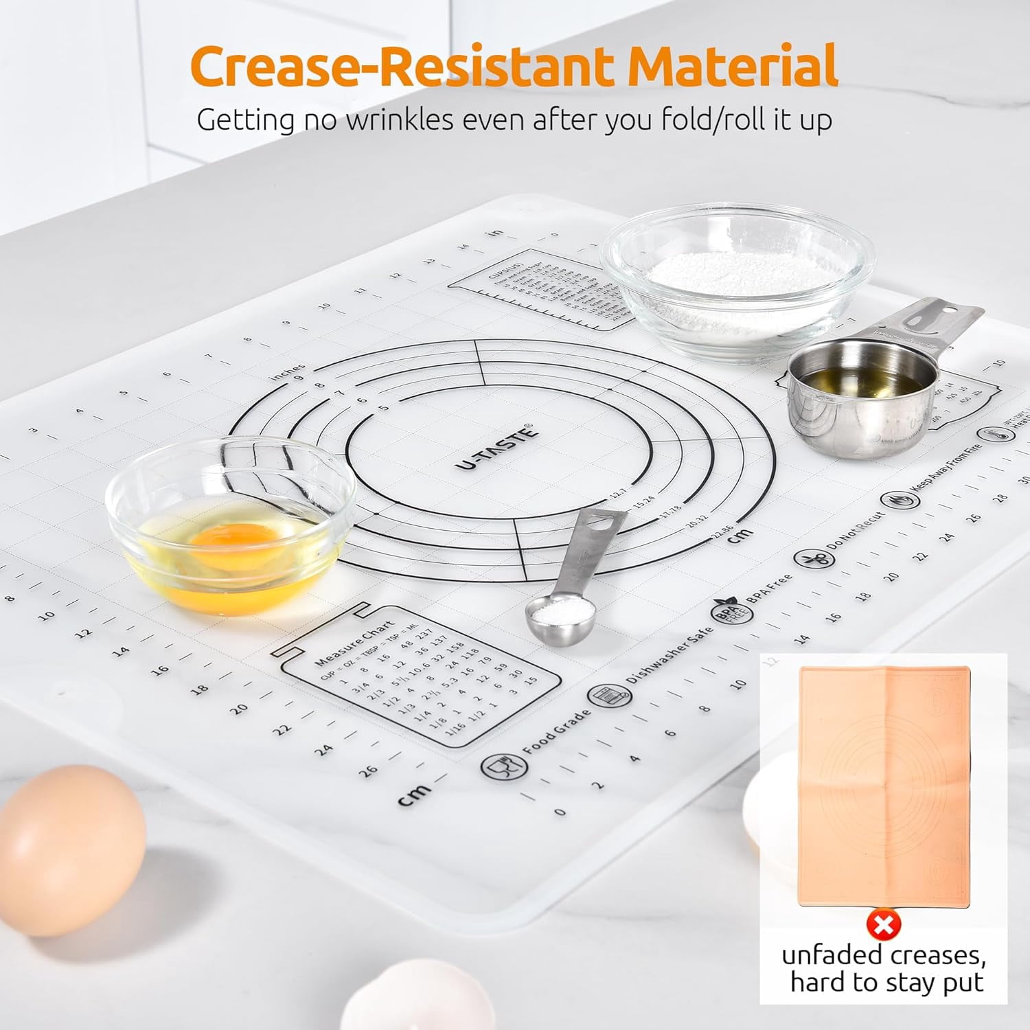 U-Taste Large Silicone Pastry Mat: 20inx16in Food-Grade Non-Stick Dough Rolling Baking Sheet, Non Slip for Kneading Prep Pizza, Fondant, Pie Crust with Clear Measurement and Raised Edges (Clear)