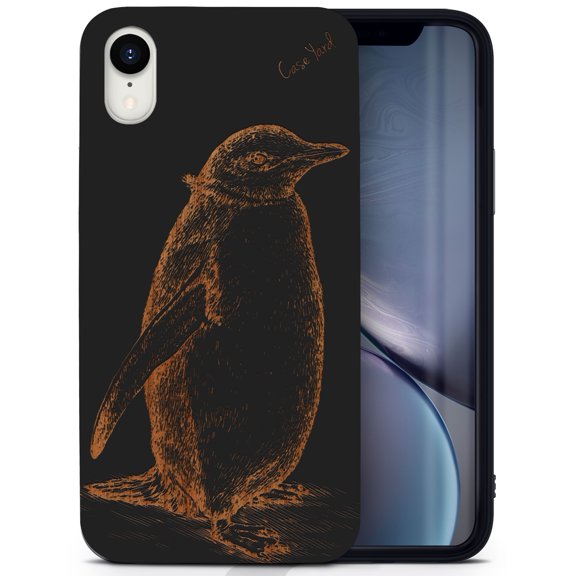 Wood phone case for iPhone XR compatible protective cell phone cover shockproof slim fit laser engraved Antarctic Penguin design Black wood case for Men & Women by CaseYard