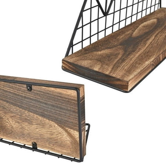 Homode Floating Shelves, Set of 2 Mountain Wall Shelves, Rustic Wood Display Storage Shelf with Metal Wire, Geometric Decor for Bathroom, Nursery, Bedroom, Office, Brown and Black