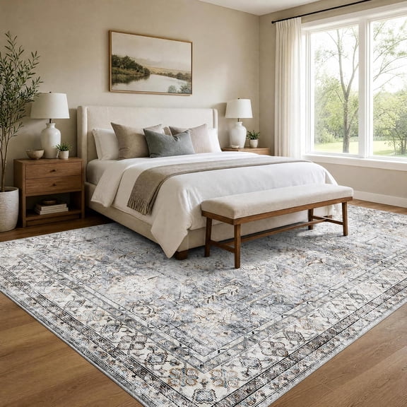 9x12 Vintage Floral Distressed Area Rug, Washable Non Slip Low Pile Stain Resistant Carpet for Living Room Bedroom,blue