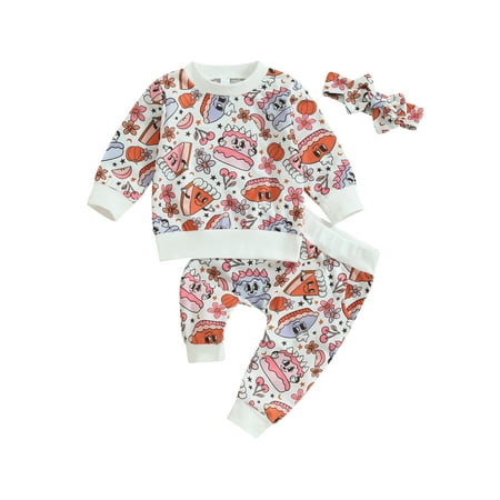 

Toddler Girls 3Pcs Halloween Clothes Sets Long Sleeve Floral Pumpkin Print Tops Pants Headband