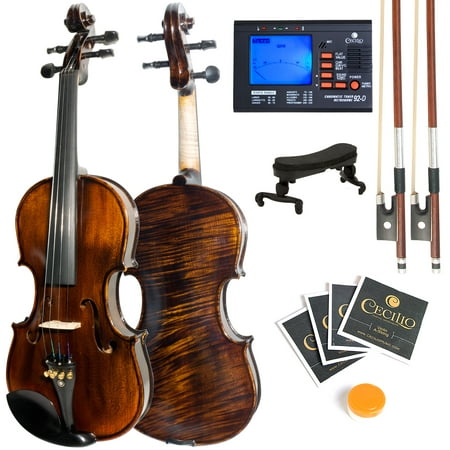 Mendini by Cecilio Size 3/4 MV500 Flamed Solid Wood 1-Piece Back Violin with Tuner, Shoulder Rest, 2 Bows, Extra Strings, Rosin, 2 Bridges and