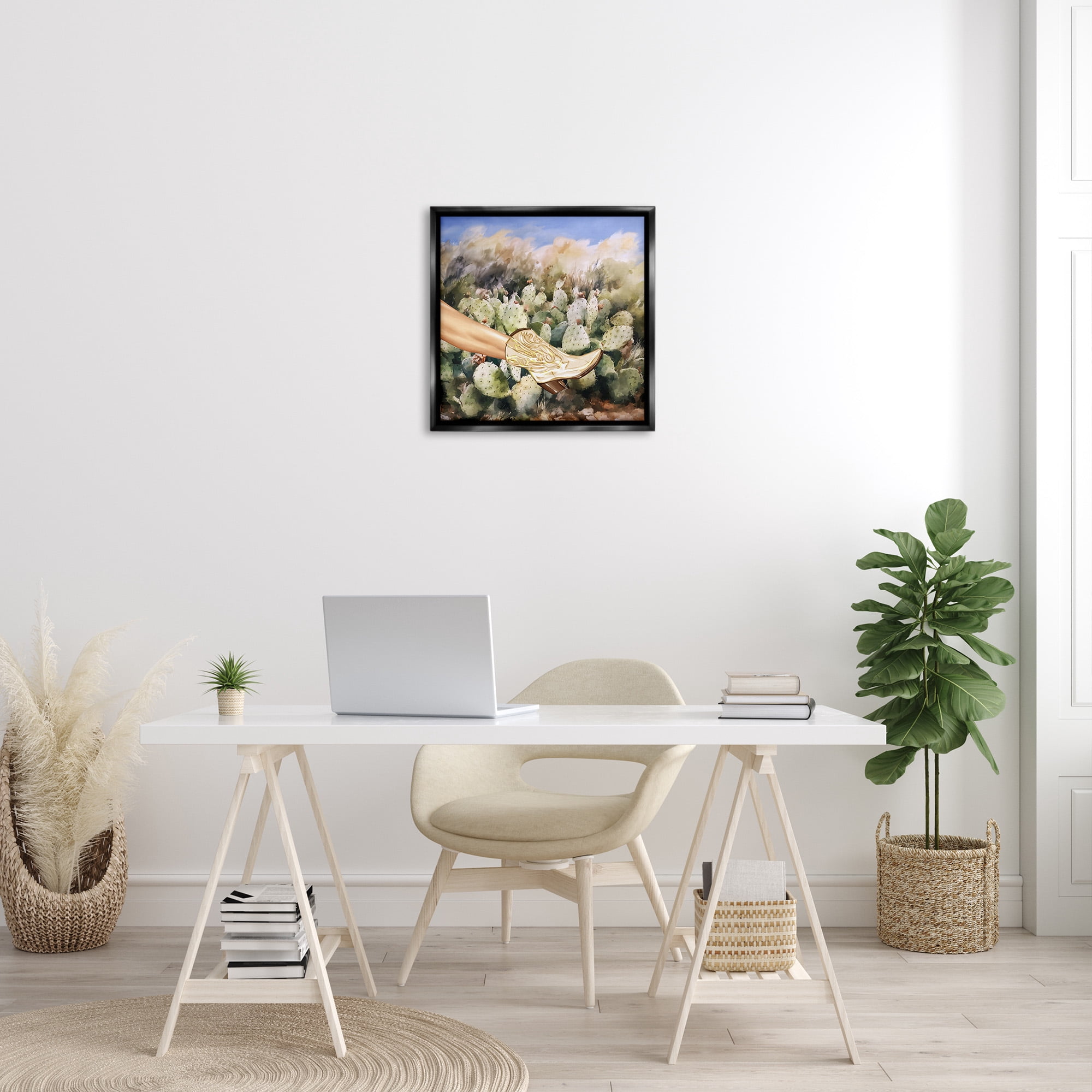 Stupell Industries Cowgirl Boot & Cactus Botanical & Floral Painting Black Floater Framed Canvas Art Print Wall Art, 25 x 25