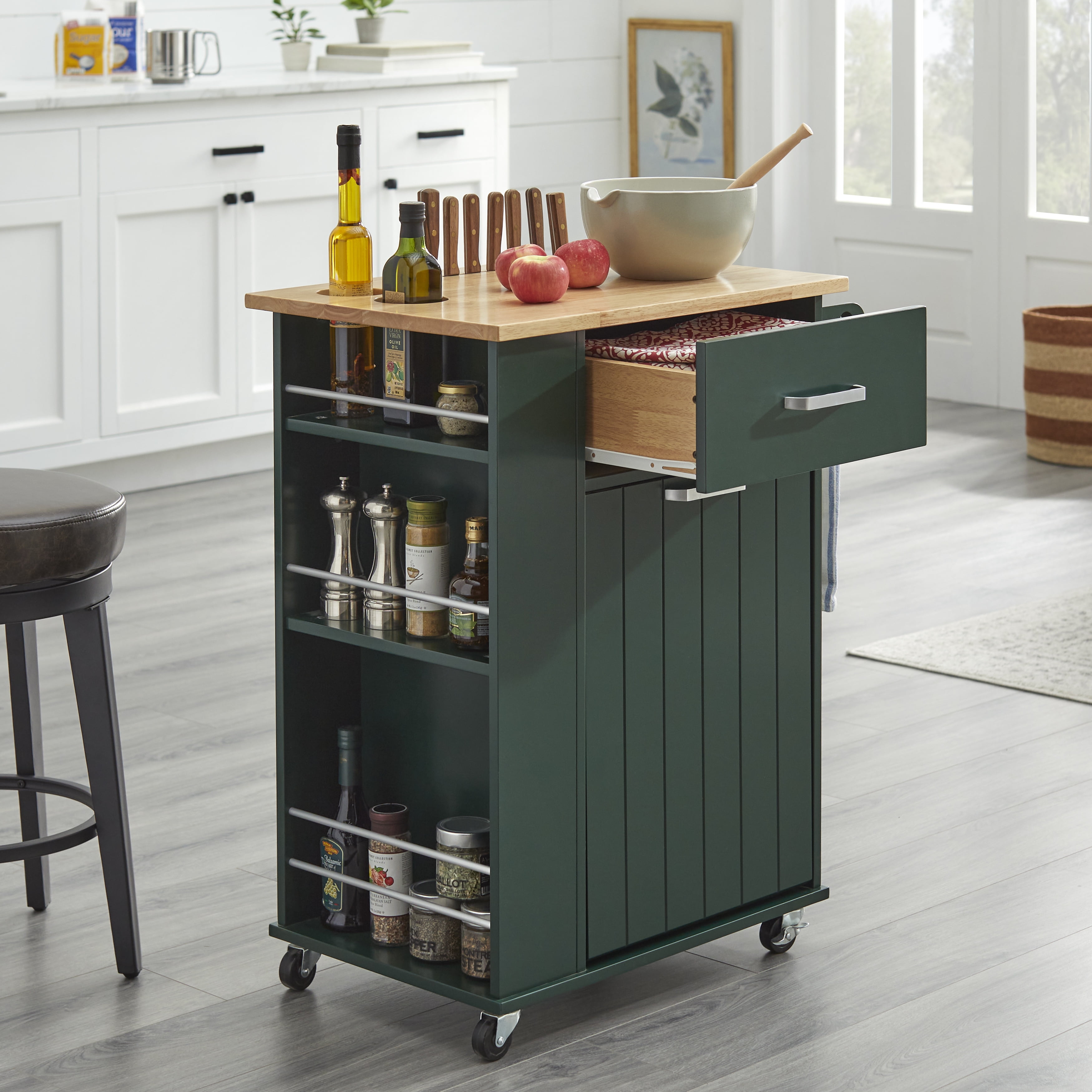 TMS Lima 3-Tier Rolling Kitchen Storage Cart with Spice Rack, Towel Bar, and Pull-Out Trash Bin Door, Dark Hunter Green