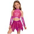 thumbnail image 3 of SiiRoh Kids Girls Shiny Sequins Crop Top with Metallic Skirt with Gloves Cheer Uniform Jazz Latin Dance Outfits Hot Pink 14, 3 of 6