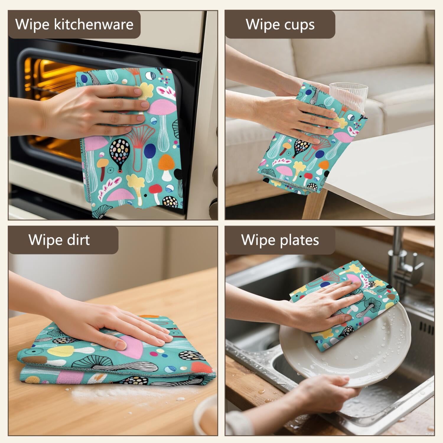 6 Pcs Funny Kitchen Towels,Colorful Mushroom Decor Teal Pattern Microfiber Dish Towels,Kitchen Tea Towels,Kitchen Towel Set (18" X 26")