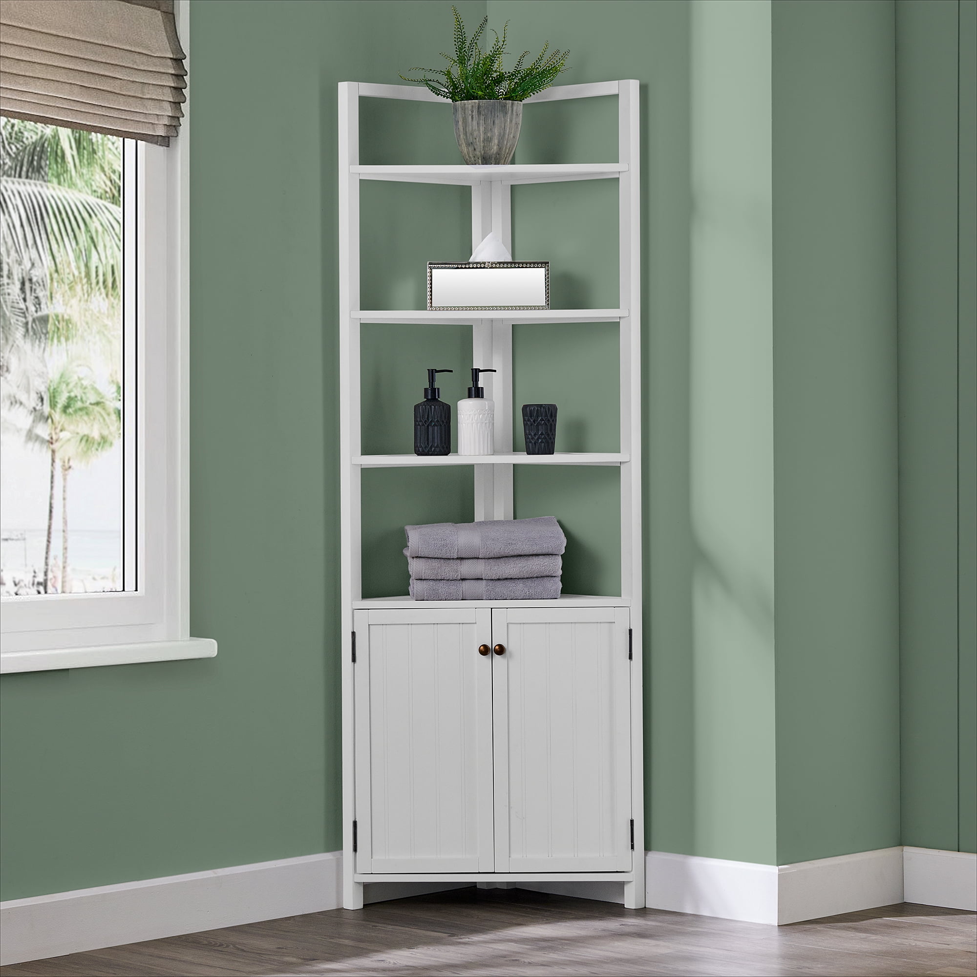 Alaterre Furniture Dover 25"W x 68"H Corner Storage Cabinet with 2 Doors and Open Shelving