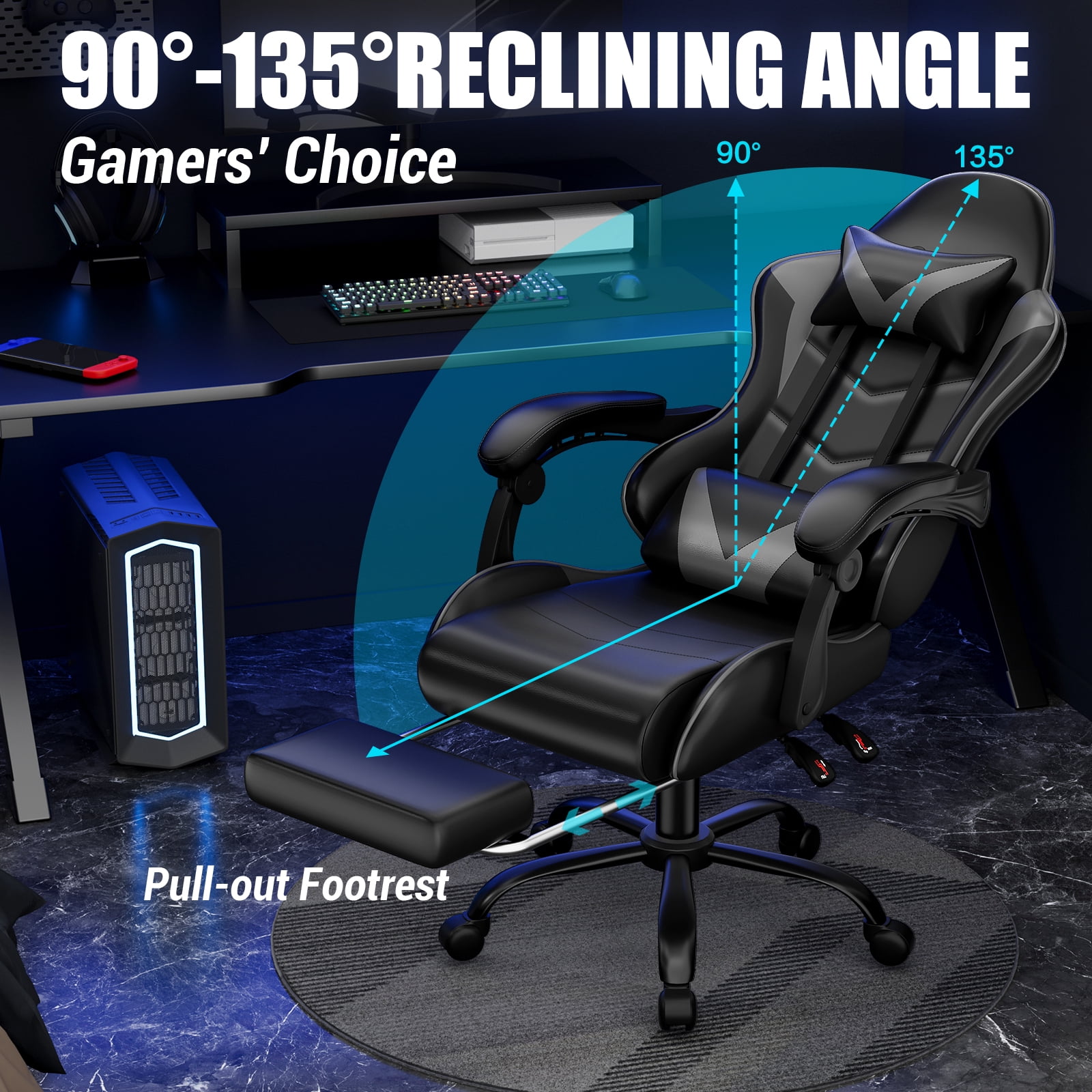 Czlolo Gaming Chair, Lumbar Massager Game Chairs, High Back Reclining, with Headrest Gamer Office Chair.(Gray)