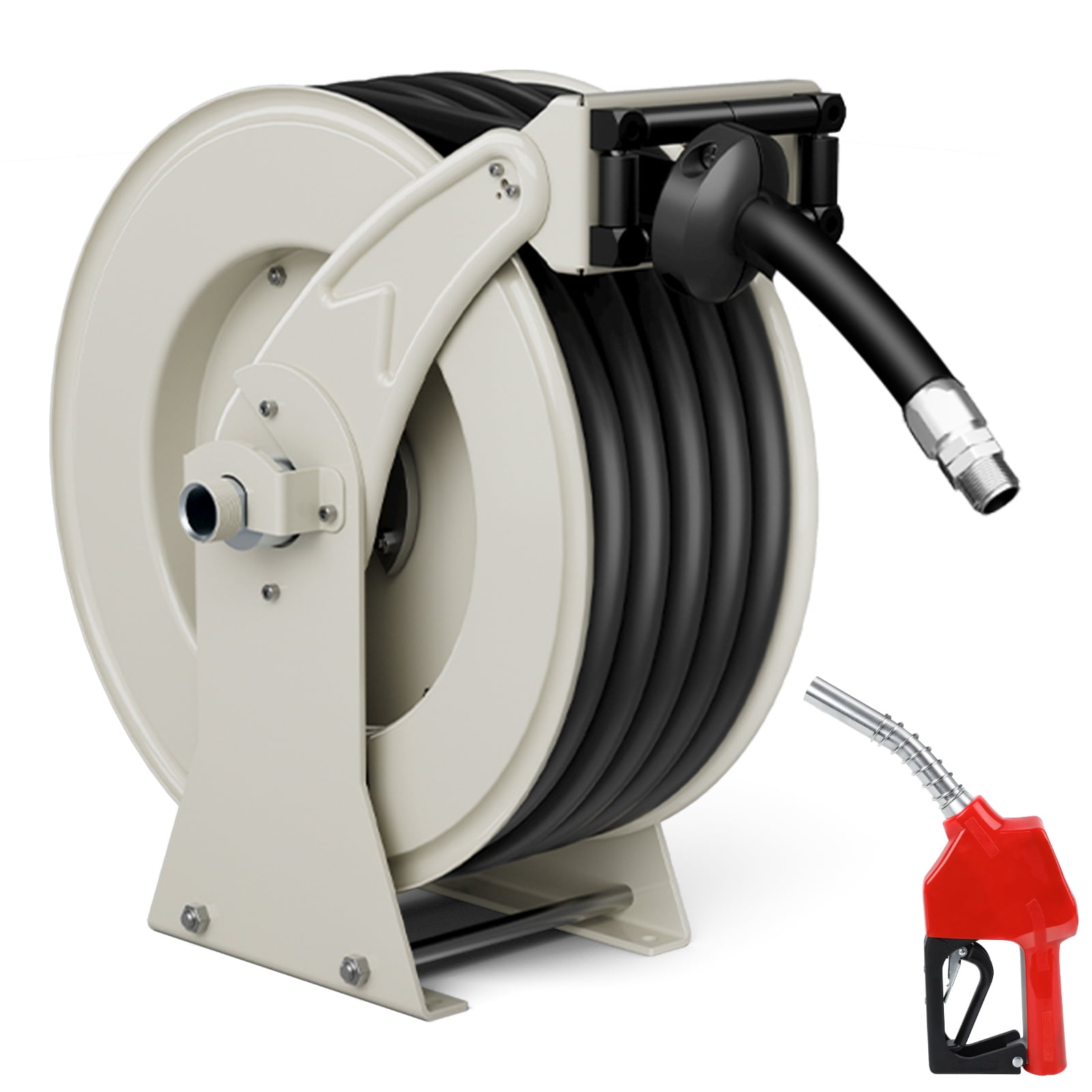 Fuel Hose Reel 3/4'' x 50ft with Fueling Nozzle, Diesel Fuel Hose Reel 300PSI Retractable Industrial Heavy Duty Swivel Steel Construction for Ship Vehicle Tank Truck Trailer Cart, Silver