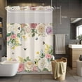 thumbnail image 3 of Vintage Flowers No Hook Shower Curtain with Snap in Liner White Pink Purple Flower Plants Butterflies Linen Waterproof Bathroom Shower Curtain with See Through Top Window for Bathtub 72" x 84", 3 of 9