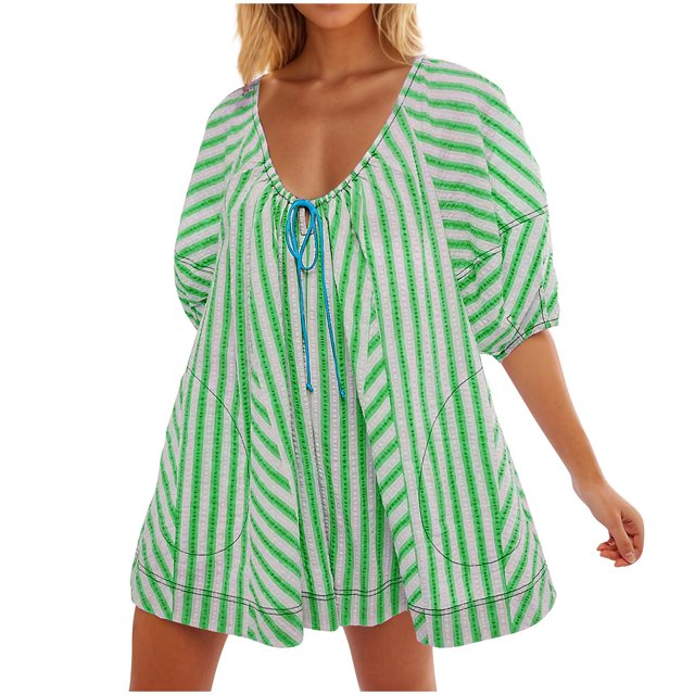LOVZFMLL Woman Fashion Print Round Neck Drawstring Short Sleeve Pockets Jumpsuit Green L