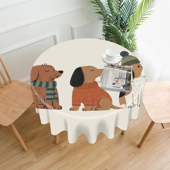 RKSupls 60 Inch Round Tablecloth, Three Cozy Dogs Premium Polyester Straight Edge Wrinkle Resistant Washable Table Cover for Party Home Dining Decor