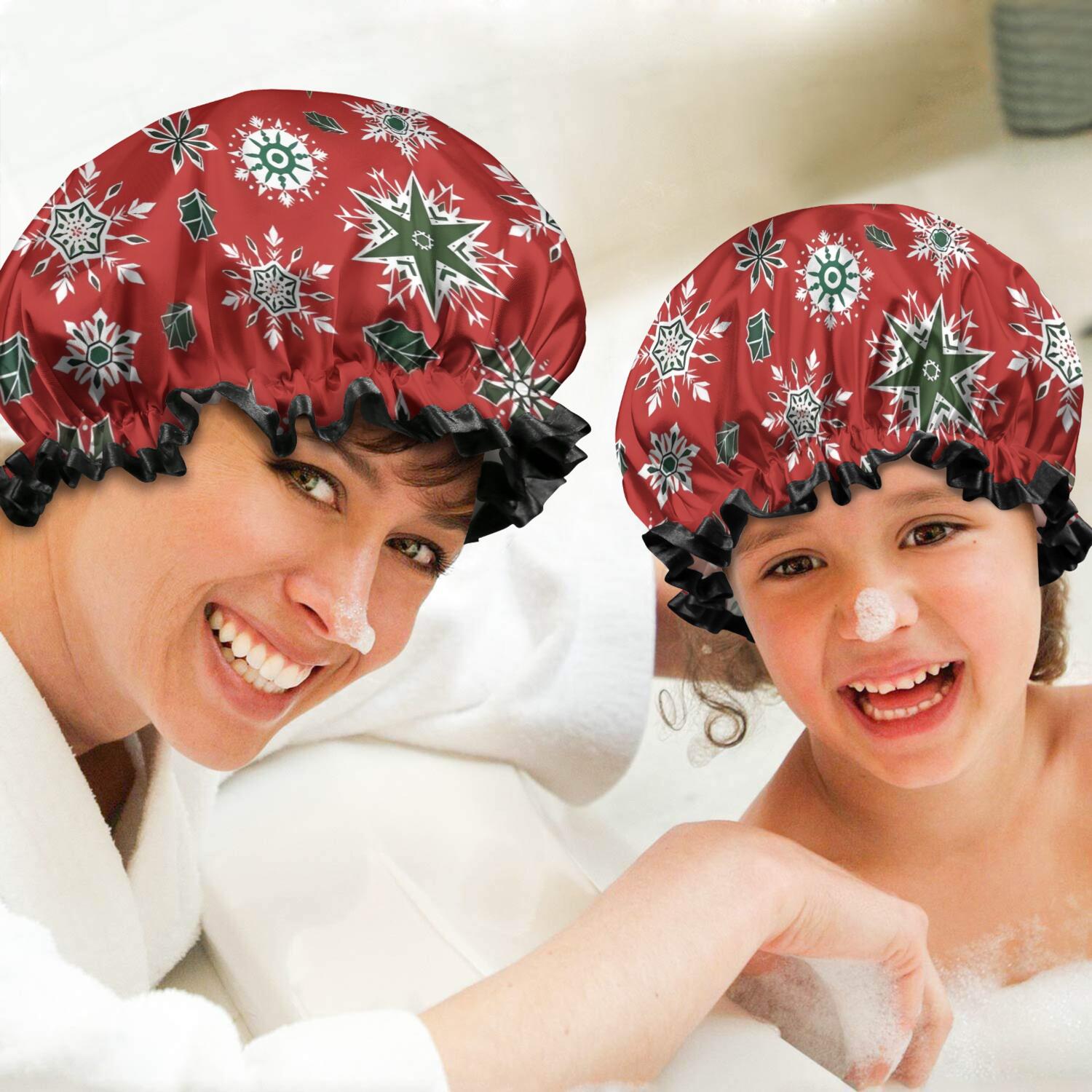 Shower Caps,Red Christmas Snowflake Pattern Waterproof Shower Cap for Women 4 Pieces,Double Reusable Hair Cover for Shower PEVA Elastic Stretch Hem