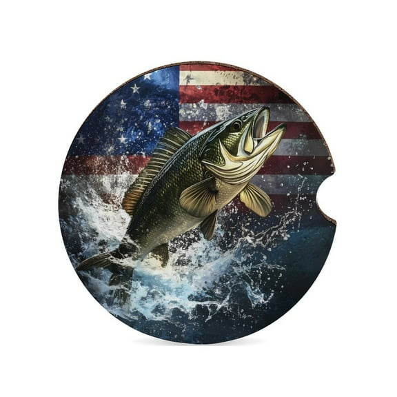 American Flag Jumping Largemouth Bass Fish Car Coasters for Drinks with A Finger Notch for Easy Removal Cup Holder Coaster Cute Car Interior Accessories 1PCS