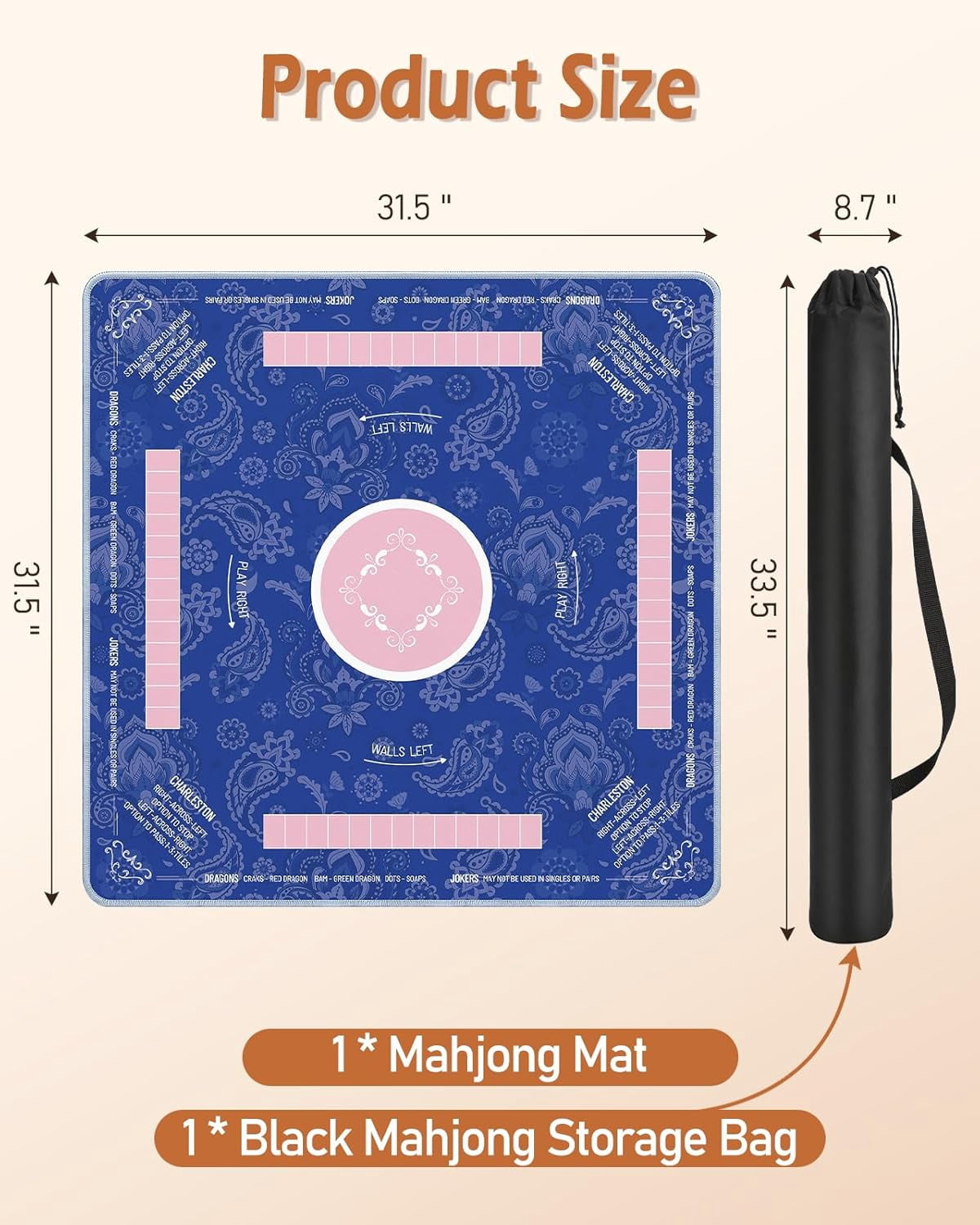 Mahjong Mat Table with Rules Mah Jong Mat Neoprene Travel Chinoiserie Floral Majong Learning Mat Instructions Mahjong Gifts Women Unique Non-Slip Rubber Pad, 31.5" x 31.5", Blue Pink
