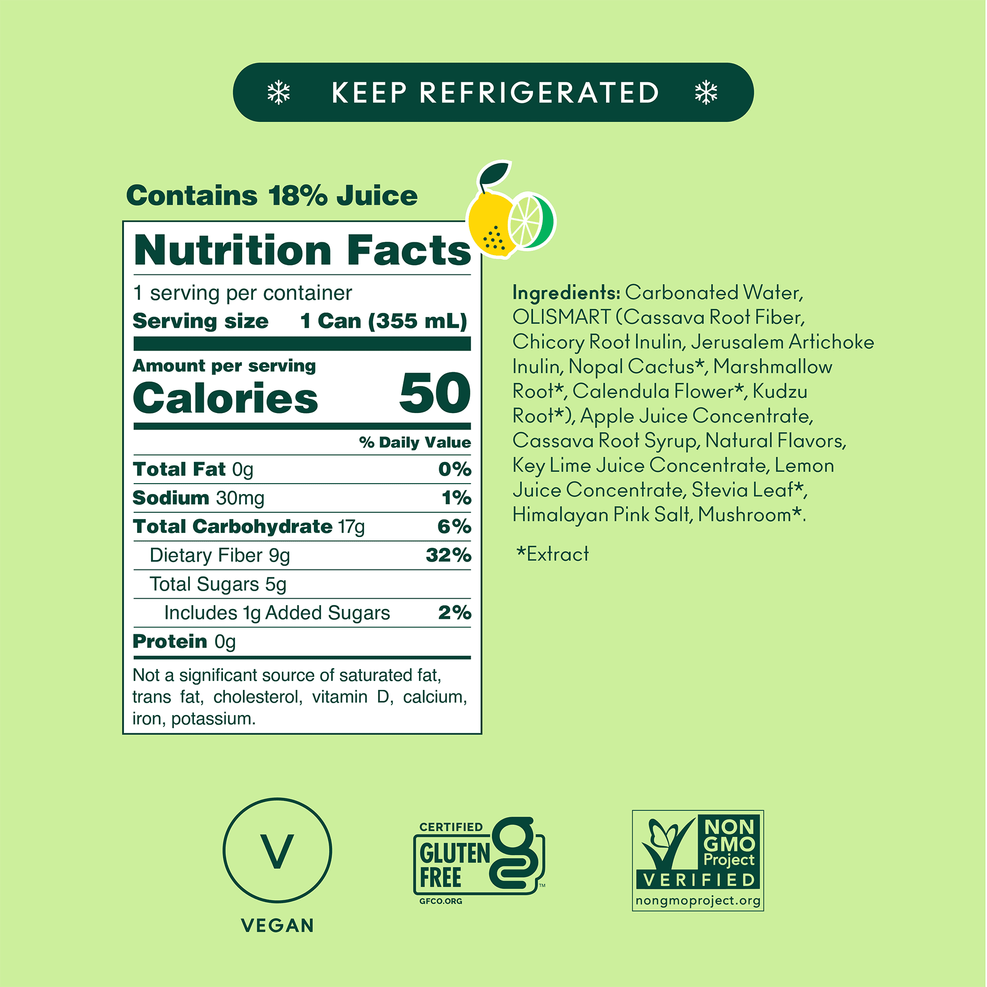 OLIPOP 9g Fiber Prebiotic Soda, Lemon Lime, 12 fl oz, 12 Pack, Refrigerated