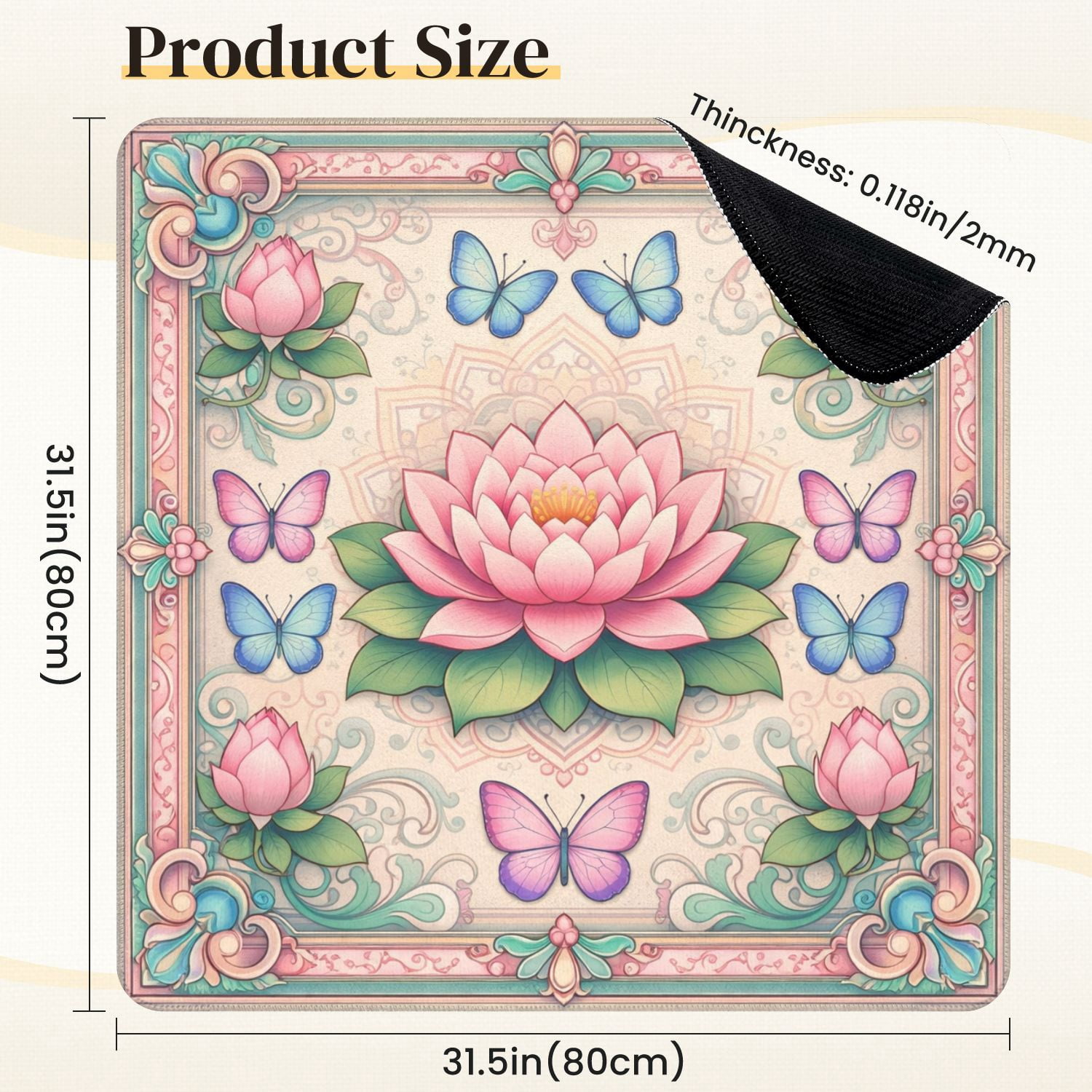 Mahjong Mat 31.5" x 31.5" Lotus Flower Butterflies Soft Pastel Colors Vintage Floral Non-Slip Noise Reduction Mahjong Tiles Table Cover for Dominoes Poker Card Board and Tile Games