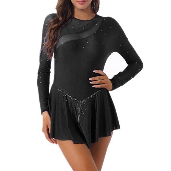 YEAHDOR Womens Figure Skating Dance Dress Long Sleeve Rhinestones Dance Leotard