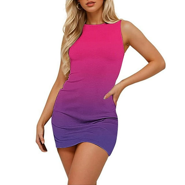 SDNall Summer Mini Dress Ladies Summer Comfortable Sleeveless Round Neck Printed Mini Dress