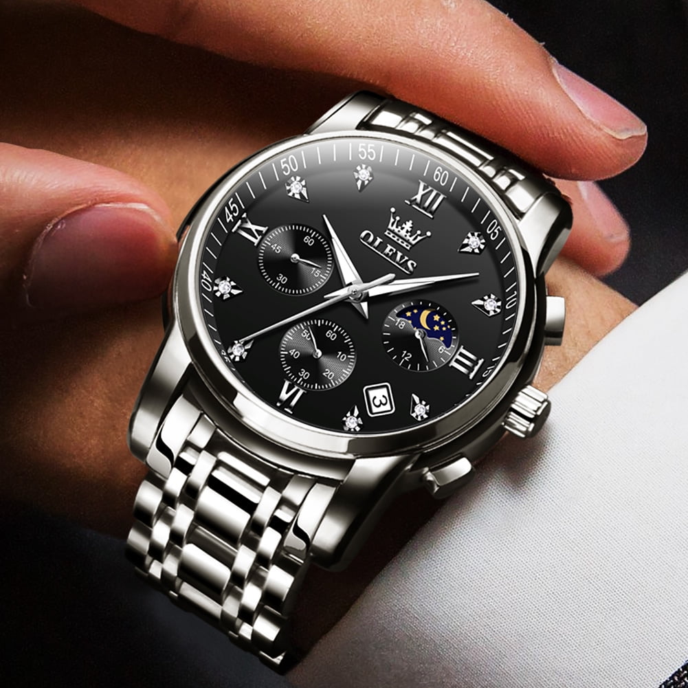 OLEVS Watches for Men Luxury Dress Casual Analog Quartz Gold Plated Stainless Steel Chronograph Moon Phase Waterproof Luminous Date Business Mens Wrist Watches Reloj Para Hombre